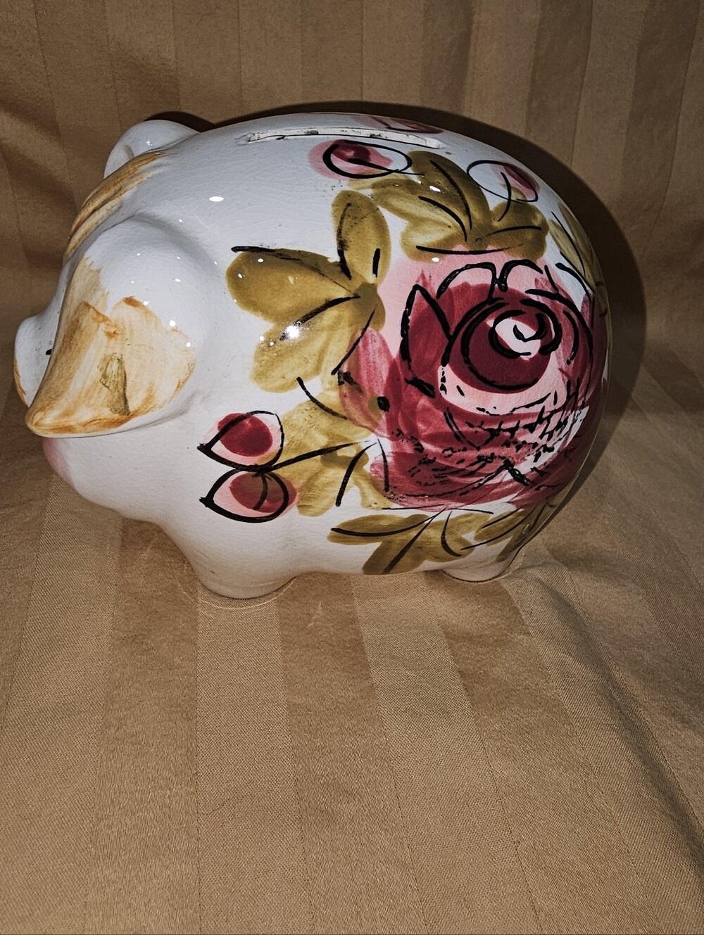 Vintage Hand-Painted White Ceramic Piggy Bank with Pink Floral Rose Accent